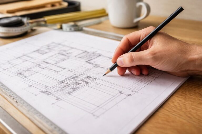 A person drawing kitchen designs on paper. 
