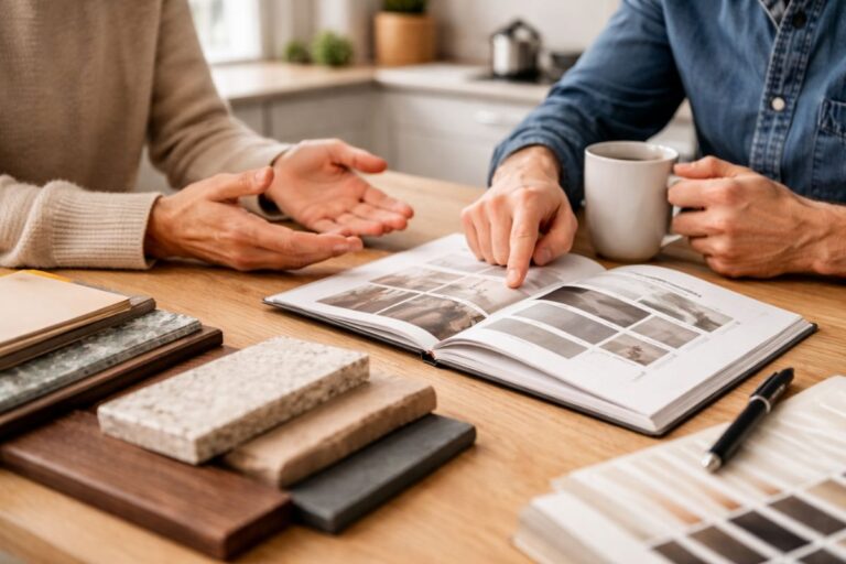 People sitting around a table discussing kitchen design ideas.