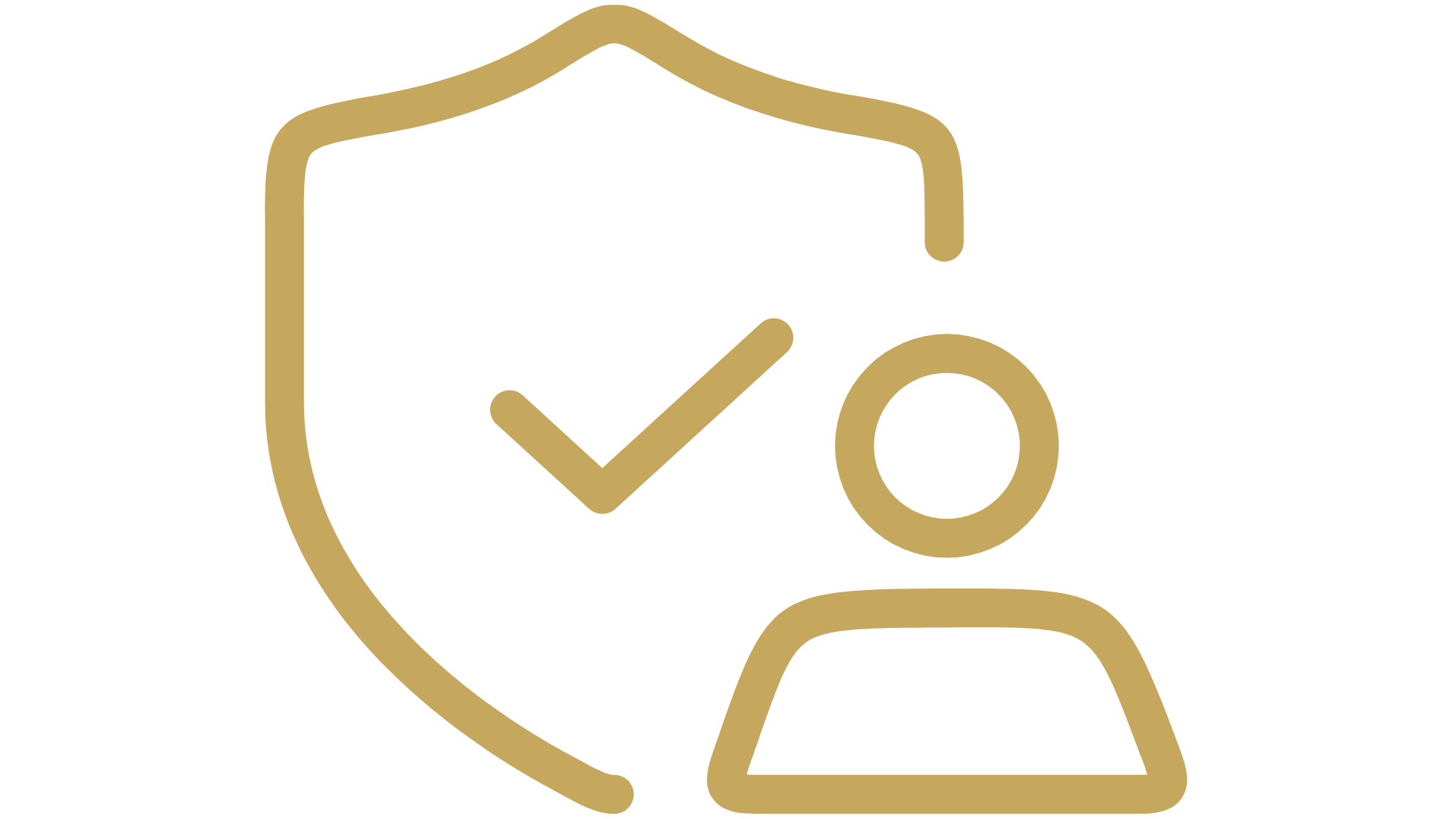 A line drawing of a shield and person in front.